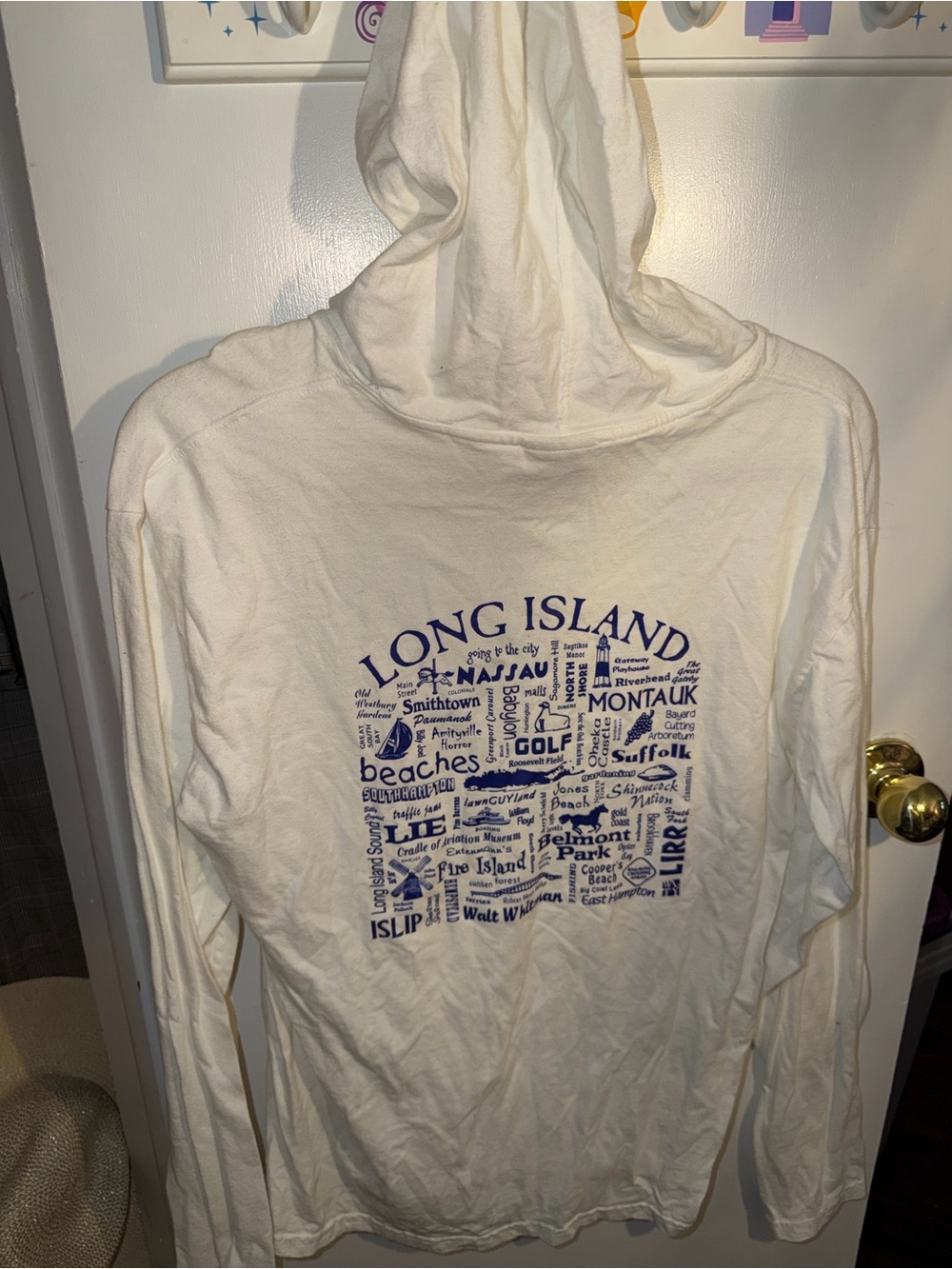 Comfort Colors Long Island Cream Hooded Long Sleeve Tee with Blue Print